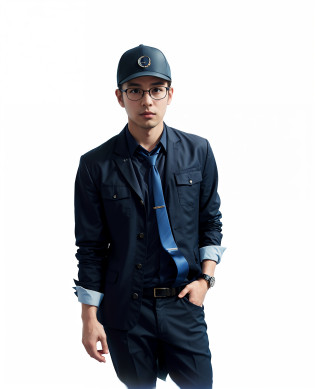 arafed man in a blue shirt and tie and a hat, handsome man, arian mark, looking smart, in suit with black glasses, cg artist, profile shot, gq, high quality portrait, hideki anno, looks smart, fan art, full body portrait shot, ad image, man with glasses, cool looking, promotional picture, inspired by Kim Hwan-gi