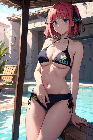 obra maestra, mejor calidad, highres, nn1, 1girl, cinta de pelo, pelo corto, 1girl, solo, Bikini, Muslos anchos, pechos grandes, en sala de estar, mirando al espectador,