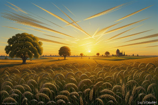 painting of a field with a sunset and a few trees. a small hill with a medieval keep in the far distance. a digital painting by Ludwik Konarzewski, flickr, hildebrandt. surreal colourful sky. hyperrealistic bokeh concept art. wheat fields, autumn field, immense wheat fields, painting in the style of ed mell, breathtaking art, on the vast wheat fields, laurent durieux, summer field, fields, lan mcque