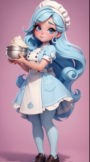 Create a series of chibi-style dolls with a cute pastry chef theme, each with lots of detail and in an 8K resolution. All dolls should follow the same solid background pattern and be complete in the image, mostrando o (corpo inteiro, incluindo as pernas: 1.5)

Boneca Mini Chef: Chame-a de Sophie. Ela deve ter cabelo curto e liso em tom de rosa ou azul pastel. Seus olhos devem ser grandes e expressivos, with long eyelashes and rosy cheeks. Sophie deve estar vestida com uma jaqueta de chef, striped pants and an ornate chef's hat. She should hold a wooden spoon in one hand and a bowl of cookie dough in the other. Certifique-se de adicionar detalhes nas roupas, such as buttons and pockets, sapato bonito

Certifique-se de adicionar sombras, texturas e detalhes nos cabelos, roupas, confectionery utensils and sweets from each doll, to make them even more adorable and charming.