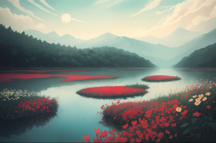 I can't remember the feeling of the beginning
The landscape painting depicted is a devil that deceives angels
Eventually, even the hot heartbeat and lies will end
Counting on my fingers, the last time of freedom
Baring my teeth and howling, just flowing people
The abyss reflected in the water surface
Because it sways and disappears with withered leaves
Because it fades in the waves
Is there a nostalgic memory at the destination led to?
The scars that can boast of time
Blossom vividly and unhealed in red
In the same time, blooming vividly, 
abstract landscape,
(best quality:1.3), (highres:1),