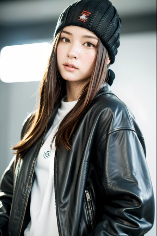 (
(8k:1.27), best quality, masterpiece, ultra highres:1.2) Photo of Pretty Japanese woman
 (beautiful:1.1) (sci-fi warrior woman:1.1) space soldier, (beanie:1.61) (leather jacket:1.21) intricate elegant, fantasy, detailed, ometric by greg rutkowski and alphonse mucha, gradient lighting