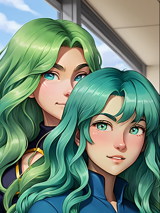a close up of a person with green hair and a blue shirt, anime girl with teal hair, with aqua rapunzel dreadlocks, portrait knights of zodiac girl, tatsumaki with green curly hair, fubuki, maya takamura, green wavy hair, teal skin, turquoise hair, wataru kajika, jrpg character, teal uniform