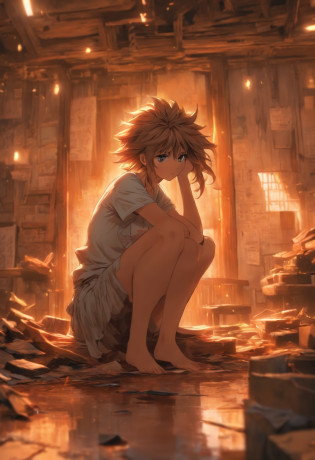 Arti future anime. Birds eye view, dirty woman sitting on chair in dilapidated house, wet messy hair over eyes, detailed bodycon shirt and pleated skirt. vixip, close-up landscape, hurt. Hand drawing, cinematic lighting, highly detailed. White, brown, red. Perfect composition, masterpiece, best quality, 4k, sharp focus. perfect anatomy.
