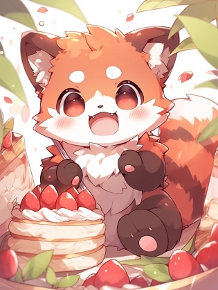 red panda, cute appearance, docile character, big eyes, round ears, flat face, thick tail, vivid, funny, eating.