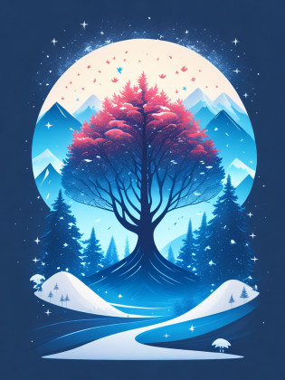 a spruice tree in a winter landscape, tshirt design, rzminjourney, vector-art
