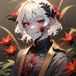 young man, (((male))), (((man))), (((one person))), single, solo, (((white colored hair))), (((red colored eyes))), ((blood red colored eyes)), (medium short hair), (((grey colored skin))), wavy hair, slim figure, ((flat chest)), ((wearing fantasy clothes)), fantasy style, (((wearing flowers in his hair))), ((flowers in hair)), ((pointy ears)), ((spiderlily flowers)), (sunny weather), smiling, black colored flowers, dark red colored flowers, thorns, spikes, warm light, gold colored details, (undead), (happy), (cute face), black colored blood, black blood, black ink, pocketwatch on a chain