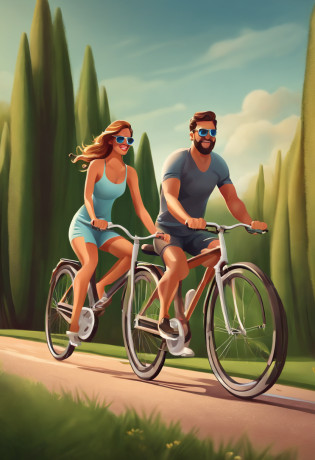 Cartoons of a man and a woman riding a bicycle with sunglasses in, caricatural, adreas rocha, , caricatura, par, Foto realista, charicatura, caricatura!!!, por Hirosada II, ciclismo!!, Andreas, edu souza, 3d , 8k