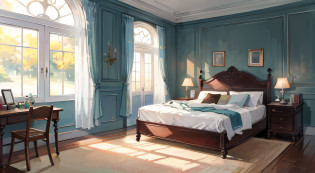 Realistic early morning lighting, Bedroom scene?carpets?Luxury bed?Study desk?The bedroom has light from the window? morning lighting, the morning sun, illusory engine ;Sunshine in the early morning hours, morning lighting,In the daytime?Morning?Well-lit room?