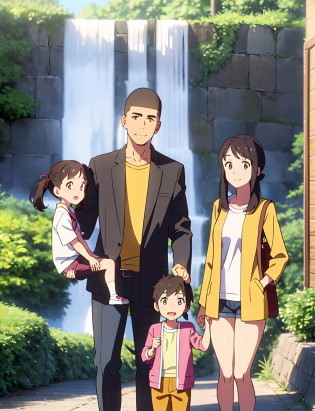 shinkai makoto, kimi no na wa., family of four,1boy, buzzcut, brown jacket, open clothes, white shir, grey pants, dad, 1girl, bangs, Brown eyes, waterfall braid, red ribbon, long hair, light pink cardigan, open clothes, yellow shirt, orange pants, carrying child, mother, busband and wife, 2 childs, daughter and son, 1girl, child, small height, bangs, brown hair, pigtails, red ribbon, open mouth, smile, looking at viewer, shorts, shirt, jacket, 1boy, child, small height, buzzcut, brown eyes, close mouth, yellow jacket, green pants, family, family photo, altogether, family of four, family pic,cute,adorable