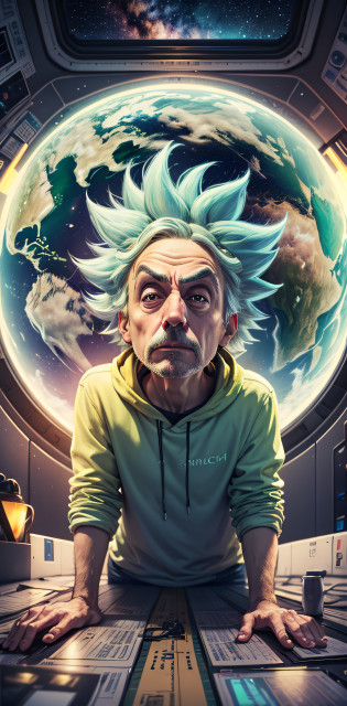 ((Rick Sanchez)), Rick e Morty, Hiper realista, cinemactic, on space , pensativo , reflexivo , Ultra realista , 4k , na lua olhando para o planeta terra , rick esta de longe na imagem ,