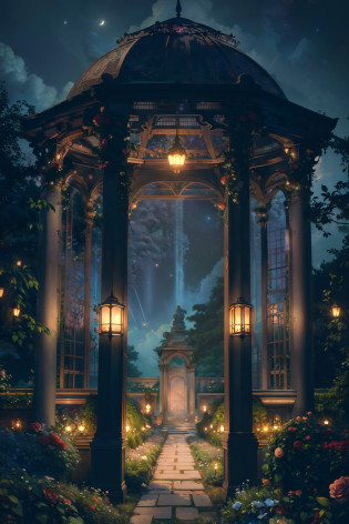 (Illustration:1.3), (secret garden), lush, floral, rose, (botanical), romanticism, moody, space, stars, nebula, beautiful clouds, moon, trellis, lattice, garden, gazebo, (realistic:1.5), (good shading), good architecture, volumetric lighting, cinematic, good architecture, (highest quality, award winning, masterpiece:1.5),