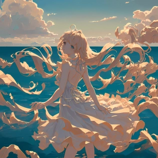 Color water, (masterpiece, reality: 1. 4), (extremely complex: 1. 2), >, close-up, portrait, (upper body: 1. 2), (from front: 1. 3), 191971 dress, backless dress, (long skirt: 1. 2), long hair, bare shoulders, sky, ocean, water, looking at the audience, Italian, head tilt, wind, clouds, sunlight, outdoors, 1 girl, solo, break, cinematic light, ultra-high resolution, 8k UHD, Film Granules, Perfect Anatomy, Delicate and delicate skin, the best shadows, delicate, original, high resolution,