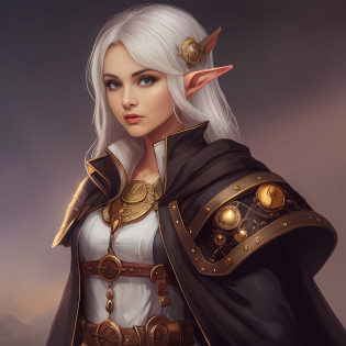 a closeup of a woman with white hair and a black cape, female elf mage portrait, portrait of a female mage, portrait of a female elf sorcerer, very beautiful elf portrait, portrait of an elf queen, beautiful and elegant female elf, female paladin portrait, female elf, portrait of an elf, a portrait of an elf,   Cute Elf With Ornate Robes, Steampunk Details,