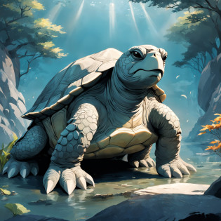 Turtle head granite statue?Xuanwu em mitologia chinesa??The statue is made of gray granite, The statue is imposing?Below is the lagoon?Many lotus leaves?lotuses