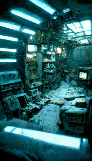 interior of underground abandoned cyberpunk Hoth international space station LIVING ROOM full of junk and parts, large Japanese machines, display screens, mounds of equipment, corridors, low ceilings, small rooms, shelves, books, cables hanging from ceiling, single light source, gray walls, overhead light, wires, dark, gloomy, cinematic, abandoned, vray, wreckage, dirty, overhead light, soft light, dark �ar 9:16