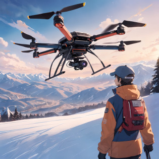 tmasterpiece?best qualtiy?cinematic Film still from?A man at the Snow Mountain Ski Resort wears professional ski equipment?The standing back occupies a relatively small proportion of the picture?Hold a remote-controlled aircraft remote control on top of a snowy mountain, A small remote-controlled drone flying in the sky, In the distance is the tourist area of the snowy mountain ski resort?Bright?cheerfulness?Warm and soft lighting?the sunset??spark of light?0.7?
