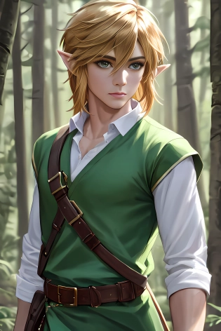 (full body shot of link walking in forest, green eyes), (green eyes:1. 2), masterpiece art, stunning visuals, cinematic lighting, ultra quality, ultra detailed, ultra resolution, (beautiful eyes:1. 1), depth of field, ((stunning face:1. 2)), masterpiece, highly detailed clothes, highly detailed body, perfect anatomy, ((perfect eyes)), symmetrical, (perfect face:1. 2)