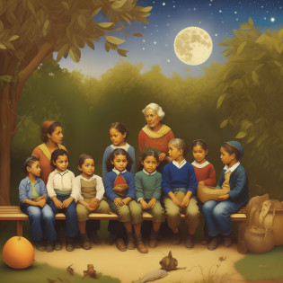The image depicts the grandmother sitting on a bench, next to an orange tree,  The children around are eager to hear the stories. Cores vibrantes, Brazil, zona rural, Moon in starry sky, ambiente rural no Brasil. Inspirado em norman rockwell