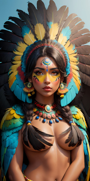 (((1girl))), tan skin, macaw blue parrot feather, solo, fire, black hair, macaw blue parrot feather hair ornament, honey eyes, looking at viewer, macaw feathers, hair flower, feathers background, portrait, red macaw parrot feather, makeup, ((extraordinary background of feathers)), red lips, parted lips, lips, macaw yellow parrot feather, detailed skin, finely detailed, Extreme tanned skin, extreme long black straight hair messes over naked breast, huge macaw blue parrot feather headdress, big cheeks, long legs, curvy, indigenous yellow and green breast painting, breast painted blue and yellow, indigenous yellow and green facial painting, huge macaw blue parrot feather necklace, honey eyes,, ue 5, a computer rendering, octane render, (8k, RAW photo, best quality, masterpiece),(realistic, photo-realistic:1.37), ultra high res, ultra-detailed, (RAW photo, best quality), (realistic, photo fidelity: 1)