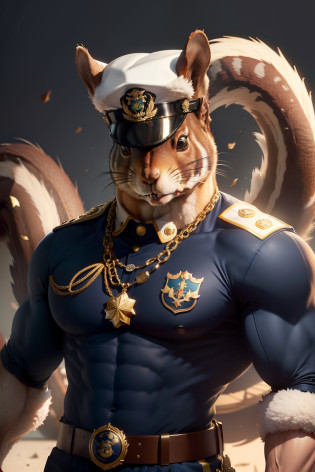 (masterpiece, high image quality), (muscular angry squirrel), (wearing navy blue naval military uniform), (white naval military cap with gold symbol), (squirrel head), (angry squirrel face), ( squirrel arm), (medals on the chest), (classification symbol on the arm), (in the background the Brazilian flag)