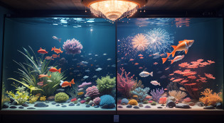 There is an aquarium with fish and fireworks, Fish shine in the sea, Multiple fireworks in the aquarium, Under the sea at night, aquarium?top-quality?in 8K??masterpiece?a picture?Photorealsitic?Raw photography?top-quality?high-detail?????photos realistic?Professional color correction --auto