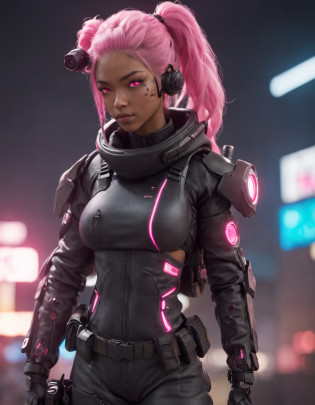 REALISTIC ANIME STYLE, JAPANESE ANIME, REAL ANIME, RAGE UNLEASHED, CRAZY SMILE, HAPPY, INSANE, afro asian cute woman cyborg soldier HEAVY CYBERNETIC ARMOR, NEON PINK SNIPER RIFFLE, SNIPER RIFLE glowing PINK eyes,BIG COOL CYBERNETIC HOODIE JACKET WITH NEON LIGHTS, cybernetic, cyberpunk SNIPER, on planet venus, wasteland, apocalypse, barren venus planet, cinematic, volume lighting,