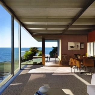 Hyper realistic eye level exterior photo of a mid century modern style house overlooking the ocean, daylight, indirect lighting, AD magazine, Frank Lloyd, Eames, Mies van der Rohe