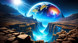 themed as [cosmic horror], background of a [galaxy], landscape is fractured, centerpiece is a [grotesque planet monstrosity], small people reaching out to the sky