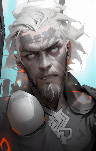 A Viking Nordic man with big hair, Viking haircut, with Nordic tattoos in the range of 27 years old, barbaric muscular stereotype, with horns (part with axe on his back and wolf skin, fighting, dark bright neon all-white eyes, Nordic hair with demonic horns, tight torn supersuit, in a destroyed Nordic city, smoke and fire,  Aura of Bright Power, Dynamic Pose, Dynamic Vision, Hyper Detailed, 8K Quality, With Tattoos, Nordic Symbols On Headset, Merge, Hyper Realism, Ultra Realism, With Thorns Coat viking.Com Gray Goatee And Gray Hair, Bright Neo, Neo Lights On The Phone, Nordic Symbols, Man With Orange Skin Color With Neon Tattoos