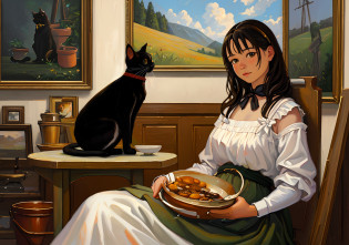 Painting of a woman sitting on the floor next to a pot and a black cat, Francine Van Hove, pintura figurativa, realistic oil painting, Arte figurativa, fine art oil painting, oil art, sore oil, award-winning oil painting, award-winning oil painting, ultrarealism oil painting, realismo detalhado na pintura, painting oil on canvas, oil painting realistic, oil painting