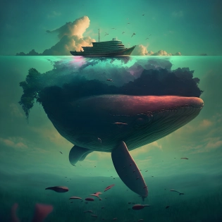 huge flat green world rests on the backs of three whales :: three whales lie on a big turtle :: dark purple sky :: soft light at stars :: neon retro style :: intricate details :: high quality