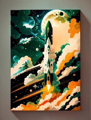 rocket flying through the clouds into space, moon, style of laurie greasley, james gilleard, genshin impact, trending pixiv fanbox, acrylic palette knife, minimalistic, few colors, green color, minimalistic background, devinart, trending on artstation, low details, 8k, UHD, HDR, (Masterpiece:1. 5), (best quality:1. 5), Model: VinteProtogenMix v2