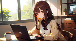 early evening?Indoor Coffee Stylish?Adult woman in anime using laptop((Using a laptop on the table))?25-years old?Upper body, mid-shot, femele, Detailed eyes, ((Beautiful woman using laptop)), ,Semi-long hair, Brown hair, Bangs,Everyday clothes?Clothes without a collar?Fashionable?Long sleeves,?frontage? Smiling smile?Beige costume