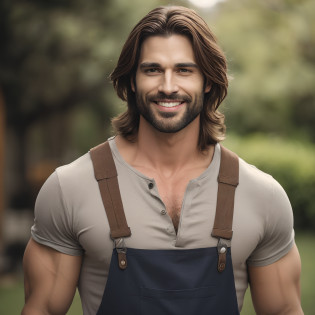 Man with long hair and beard wearing overalls, strong masculine features, Macho bonito, macho atraente, homem atraente, homem atraente beefy, homem muito atraente com barba, Homem musculoso com pele bronzeada clara, homem bonito, Norwegian man, bonito e atraente, masculine features, masculino e bonito, beautiful man, homem perfeito