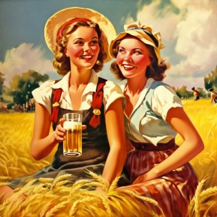 bright beautiful colorful advertising of a beer pub, with young cheerful girls drinking beer, with a background of a barley field, Gil Elvgren style --s 250 --v 5