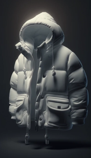 oversized puffer jacket inspired by OffWhite, white lighting, studio light, 8k, octane, high resolution photography, insanely detailed, fine details, professional color grading, --v 4 --ar 9:16