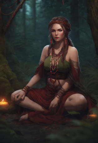 Anime girl, celtic, young adult, curvy, mature, braided hair, shaman, feral, covered in blood, crouched, bone jewellery, thretaning, midnight, forest background