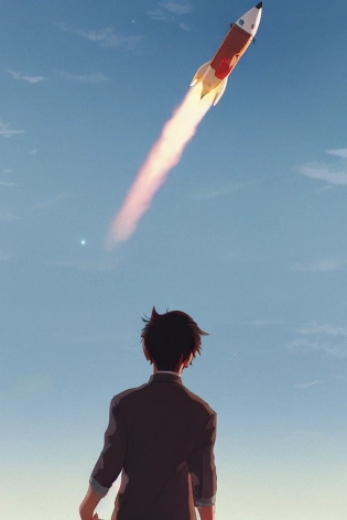 a highly detailed matte painting of a man on a hill watching a rocket launch in the distance by studio ghibli, makoto shinkai, by artgerm, by wlop, by greg rutkowski, volumetric lighting, octane render, 4 k resolution, trending on artstation, masterpiece