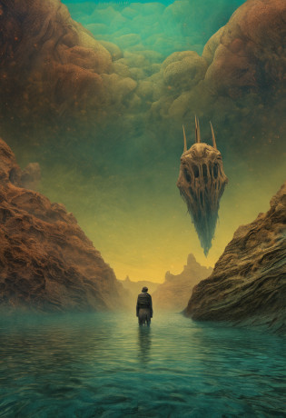 Mythological creatures, por zdzislaw beksinski, Van Gogh, Album cover art, Surrealismo, Futuristic ,underwater, mago, abstrair, Escuro, Landscape