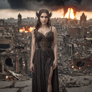 Create an image in a dark and gothic art style depicting a fallen, malevolent angelic goddess with magnificent wings, lying defeated on the ground in the midst of an apocalyptic city consumed by flames and ruins. The composition should focus on the goddess in the foreground, emphasizing her facial expression and wings, while also incorporating a panoramic view that showcases the city's devastated landscape and a stormy sky with distant lightning. Enhance the image with contrasts that highlight the goddess's dual nature, and experiment with lighting effects to create a mysterious aura around her. Integrate subtle details of ruined buildings, reflections of flames in her eyes and wings, swirling smoke, and distant silhouettes of mythical creatures on the horizon. The resolution should be 3000x2000 pixels with a color palette of dark, desaturated tones with intense red and orange accents. Use a mix of textured and soft brushes for intricate details and atmospheric effects. Opt for a slightly low camera angle to emphasize the grandeur of the fallen goddess, and employ soft, diffused lighting from the side to create shadows and highlights. Simulate a wide-angle lens for a panoramic effect, and consider applying a slight grain filter to enhance the gritty atmosphere. Avoid depicting any scenes of hope, revival, or heavenly intervention. Exclude any elements that imply restoration or assistance for the fallen goddess.