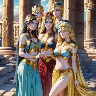 (three close goddesses) are chatting happily in an ancient Greek temple, {the first is goddess of wild nature and hunting, with (((blonde hair))) and (((blue eyes))), is fair-skinned, is slender and tall, shows off her pair of perfect long legs, wears a sleeveless (very short: 1.6) white greek chiton and a golden circlet}, {the second is goddess of war and wisdom, with ((black hair)) and ((gray eyes)), is fair-skinned, wears ((golden armor and corinthian helmet))}, {the third is goddess of hearth and fire, with ((dark red hair)) and ((dark red eyes)), is fair-skinned, wears a sleeveless long white greek toga and a veil}, Greek mythology, mythological atmosphere, photorealistic, super high quality, super detail, super hand description, masterpiece, 8K, HDR