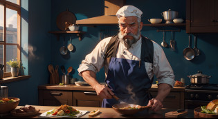 realistic scene?the detail?Photorealistic photorealism?8K?Modern chef?Stir-frying?Use wooden kitchenware??There are steamer kitchenware behind the chef??the morning sun?at the kitchen?Elderly male chef with beard?A sense of age?