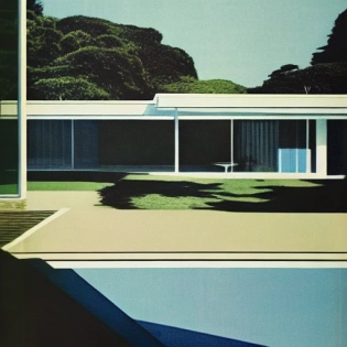 Hyperrealistic eye level exterior photo of a mid-century modern style house overlooking the ocean, daylight, indirect lighting, AD magazine, Frank Lloyd, James, Mies van der Rohe