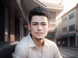 anime boy with black hair and white shirt in the street, [[[[grinning evily]]]], grinning lasciviously, anime moe artstyle, anime boy, inspired by Okumura Masanobu, boy has short black hair,  young anime boy,