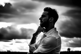 Man in black and white looking up at the sky, photo of a white man, side profile portrait, a man's profile, side profile waist up portrait, side profile cenetered portrait, side profile centered portrait, atmospheric portrait, black and white portrait, profile posing, backlit portrait, ((( Black clothes)))