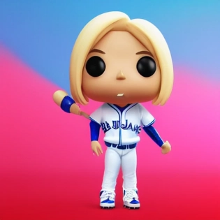 full body 3 d render of a girl blonde, toronto blue jays baseball fan, as a funko pop! , studio lighting, pink background, single body, no shadow, blender, trending on artstation, 8 k, highly detailed