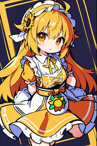 ((best quality, masterpiece)),(a very cute and beautiful chibi anime girl), (simple flat background), full body,  highly detailed face and eyes, clearly outlined, solo, (studio lighting),(sunflower headdress), (dirndl costume), ((gasping)), (ahoge), (yellow and orange two-tone short twin-tail hair), huge sandwich, rolled with sandwich, inside a sandwich, wrapped in sandwich,