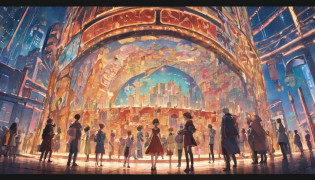 A group of people inside of an O'Neill Cylinder with a large city, cinematic lighting photo-realistic