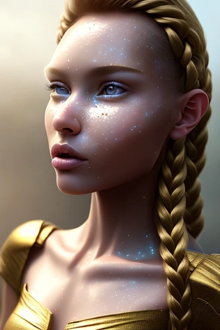 sci-fi, full body view of a beautiful teenage princess girl outdoors, tight golden dress, (golden plaid skirt), breathtaking outdoor view, full body image of a highly detailed beautiful female human with long hair, her face is pretty and detailed, ((tanned skin:1. 2)), volumetric fog, Hyperrealism, breathtaking, eyes intricate details, eyes wide open, realistic eyes, golden eye shadow makeup, ultra realistic, unreal engine, ultra detailed, cyber background, cinematic lighting, highly detailed, breathtaking, stunning environment, wide-angle, 4K, hyper realistic, some cleavage, Instagram filters, ((runway walk)), (instagram model), ((walking)), (blush) long hair, (freckles:0. 75), detailed symmetrical face, (medium blonde hair:1. 2), (ponytail hair:1. 2), ((blue eyes)), reflective eyes, (makeup), (red lipstick), (shiny lips), (white sclera), (strong jaw), prominent cheekbones, (sweat), (muscles), toned, (legs), (thighs:1. 2), (from front:1. 4), detailed lighting, rim lighting, dramatic lighting, chiaroscuro, ((white bra:1. 2)), dramatic, breathtaking view, trending on artstation, Intricate, High Detail, ((trending on instagram))